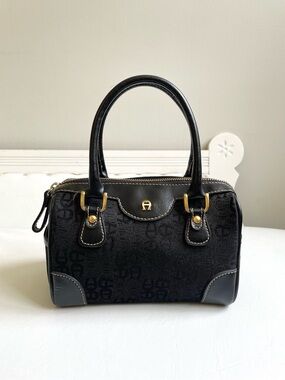 ETIENNE AIGNER BLACK MINI TOTE FAUX LEATHER JACQUARD EMBOSSED STRAPS ZIPPER